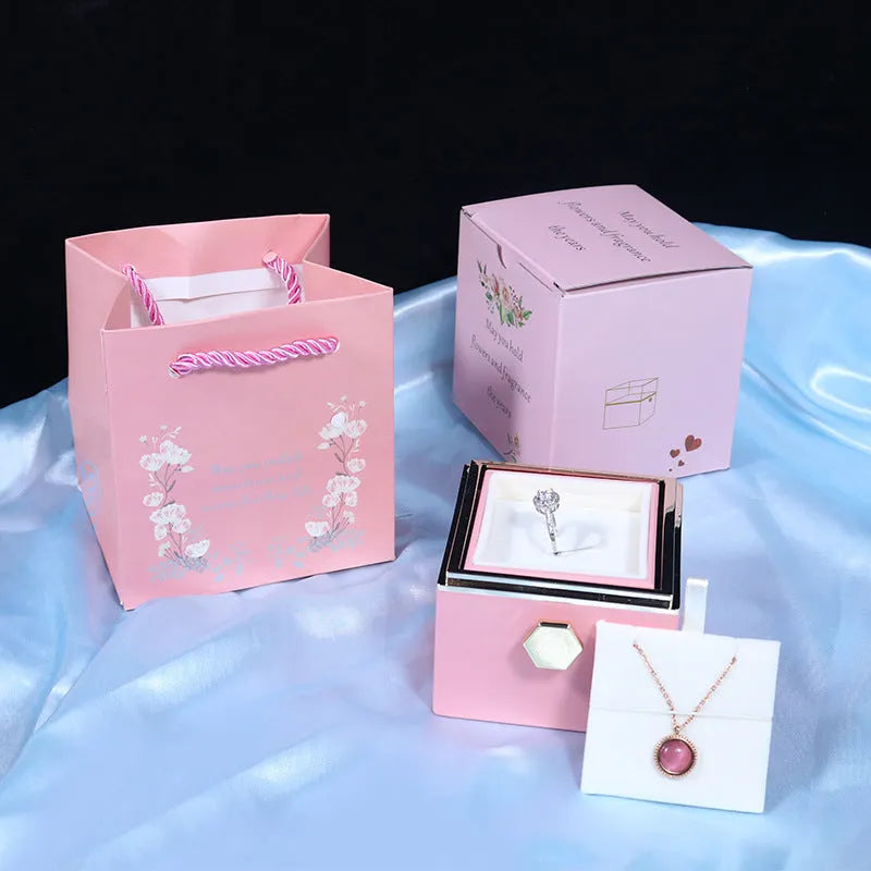Rotating soap flower rose gift box with transparent acrylic cover showing preserved rose and jewellery drawer