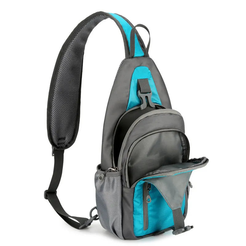 Unisex nylon crossbody chest bag in army green colour, shown worn casually.