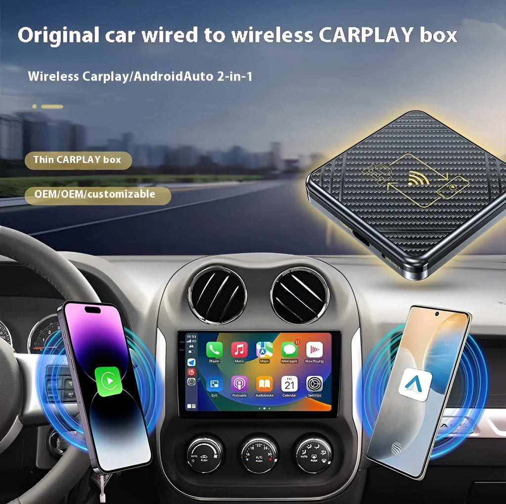 Wireless CarPlay and Android Auto smart box adapter in ABS plastic with USB connection