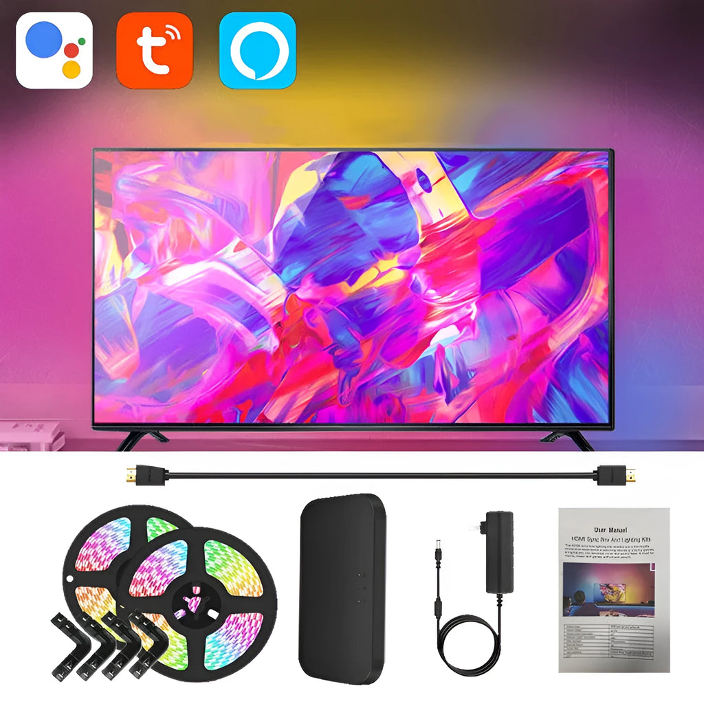 TV ambient backlight strip installed behind television with app control interface showing colour options