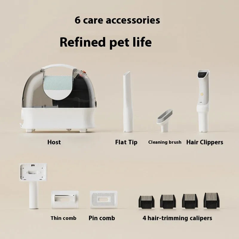 Pink white pet hair conditioner vacuum cleaner with grooming attachments on white background