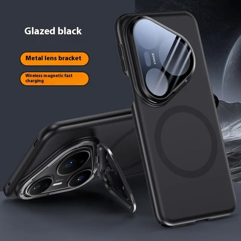 Huawei P80 magnetic lens bracket phone case in black, silver, and bright red frosted PC material