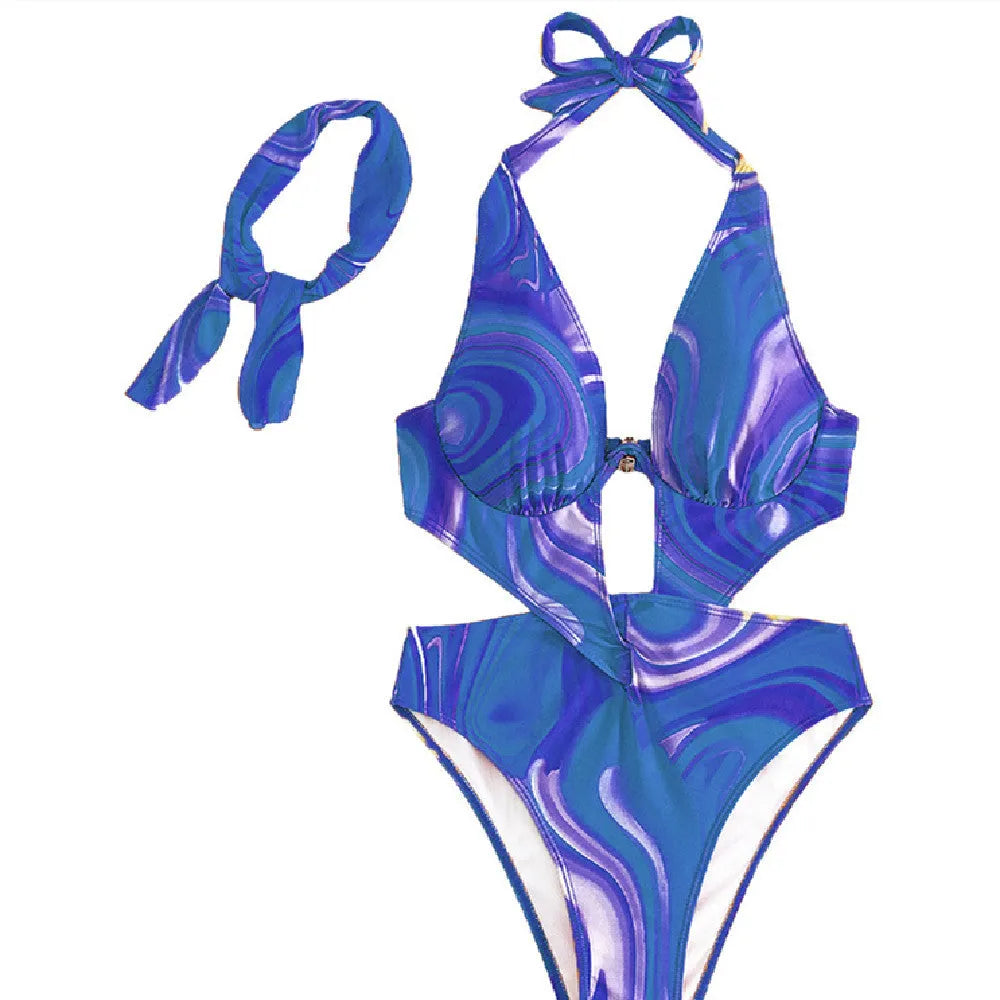 Women's striped push-up backless one-piece swimsuit in polyester, available in dark blue
