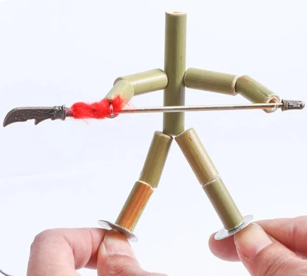 Bamboo Man children's wooden fighting game table set with two Bamboo Man figures and iron weapons in gift box
