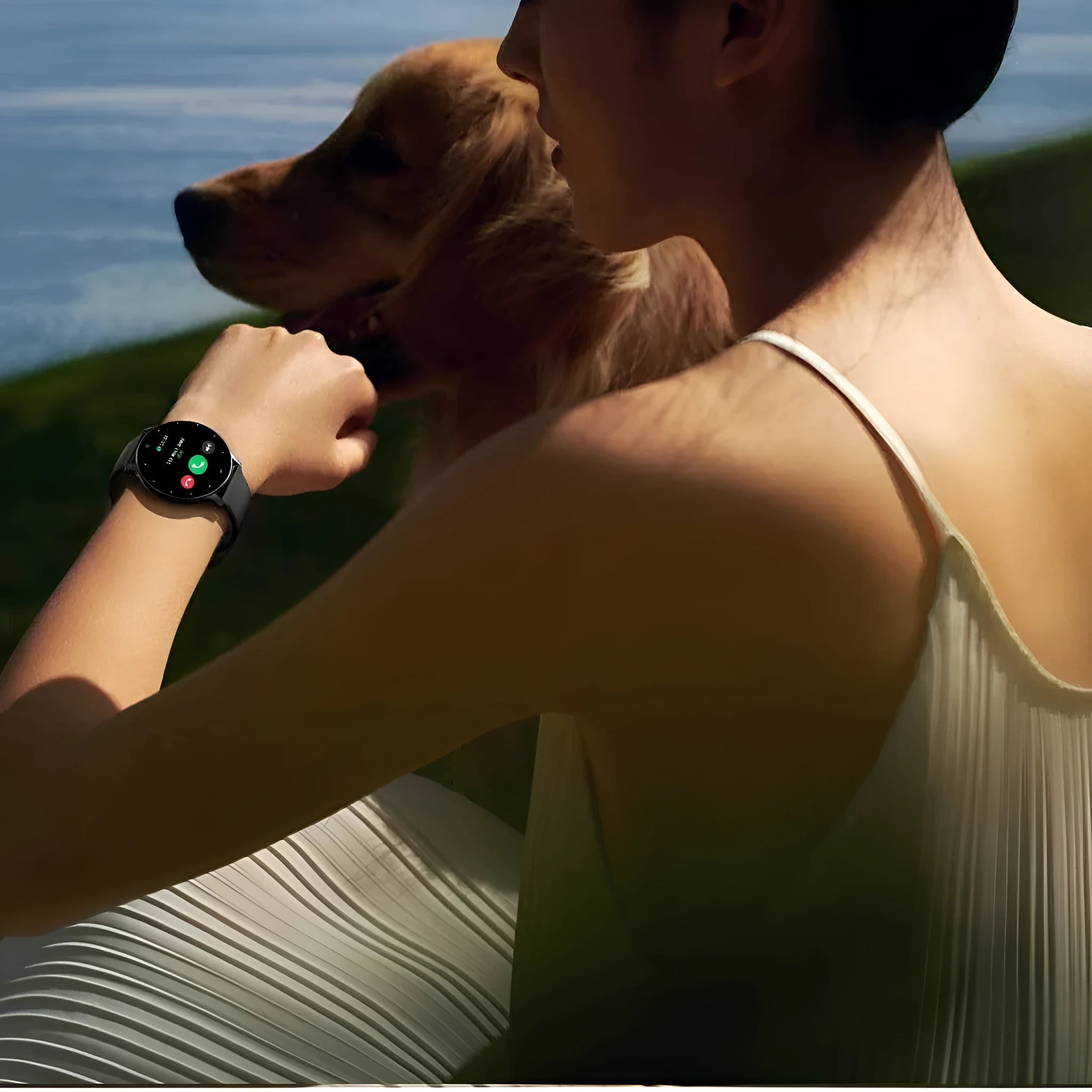 Smart watch with AMOLED touchscreen showing heart rate display, available in multiple colours and strap options, waterproof fitness tracker.
