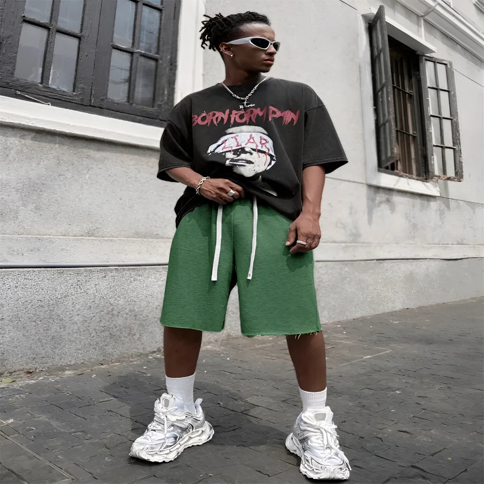 Men's straight leg polyester trousers in black, light grey, or green for sports and streetwear