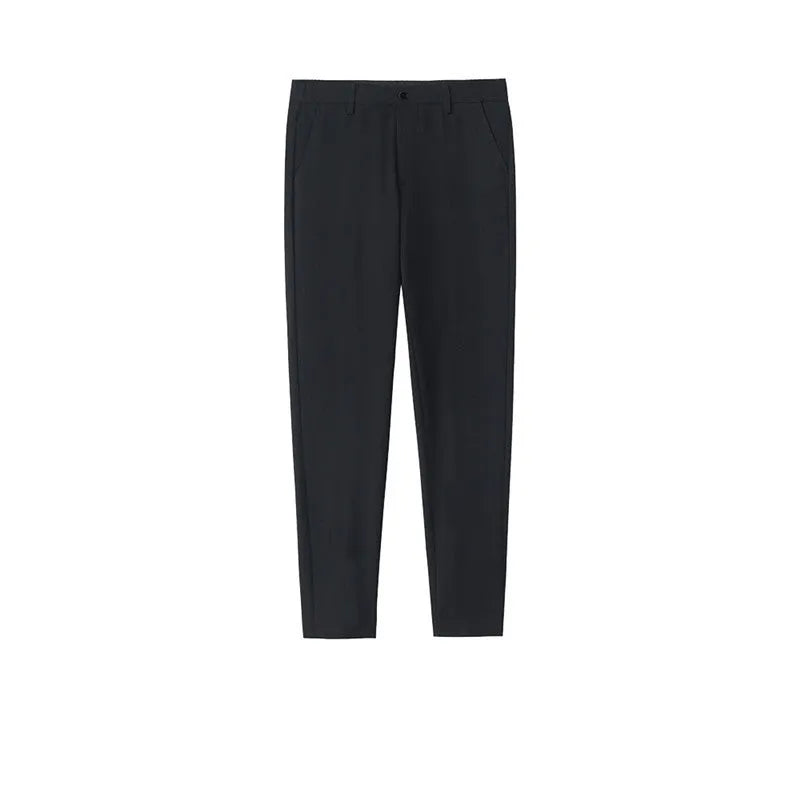 Men's Korean-style straight leg cotton pants in black, gray, or khaki with drawstring waist