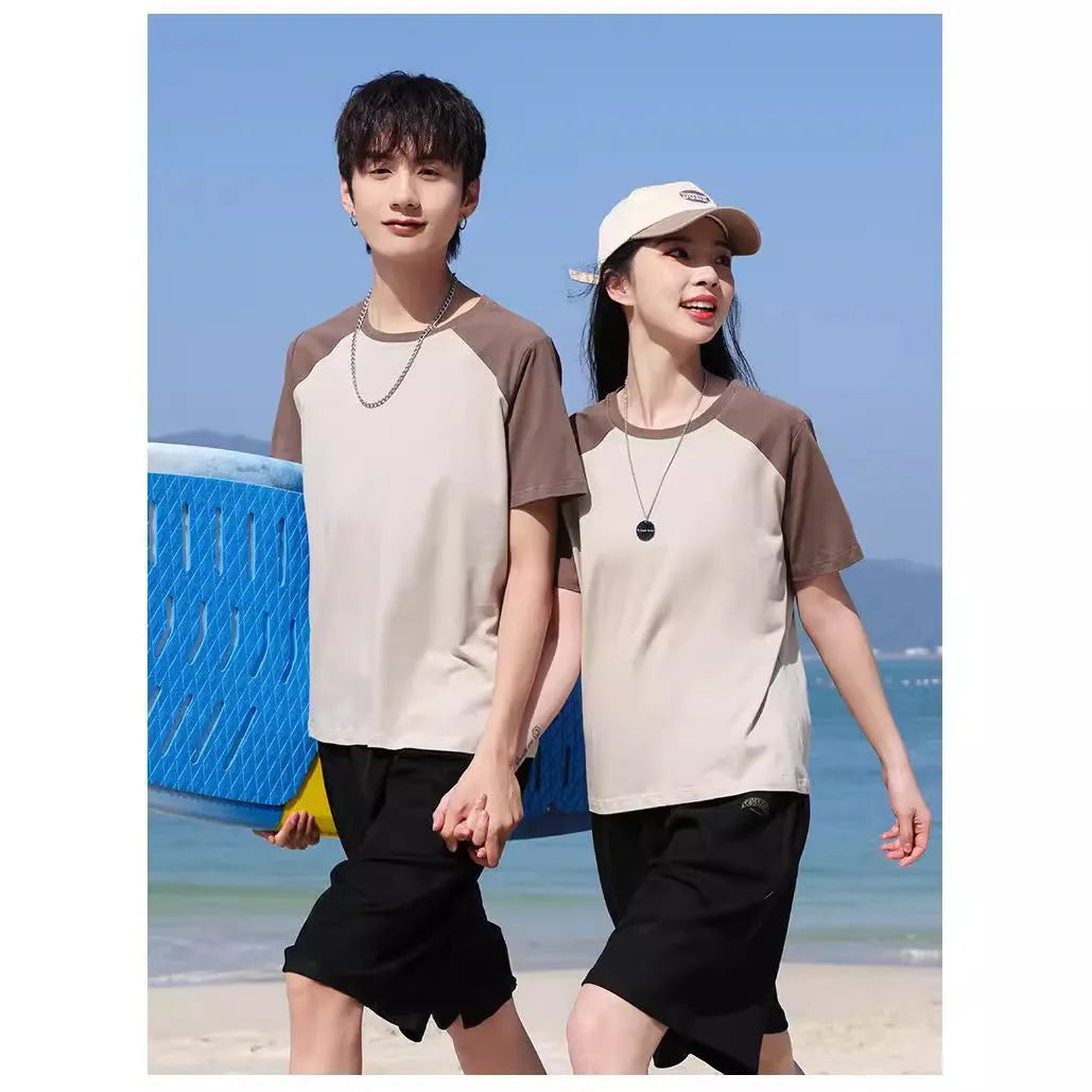 Round neck loose fit cotton blend t-shirt in army green colour on a hanger.