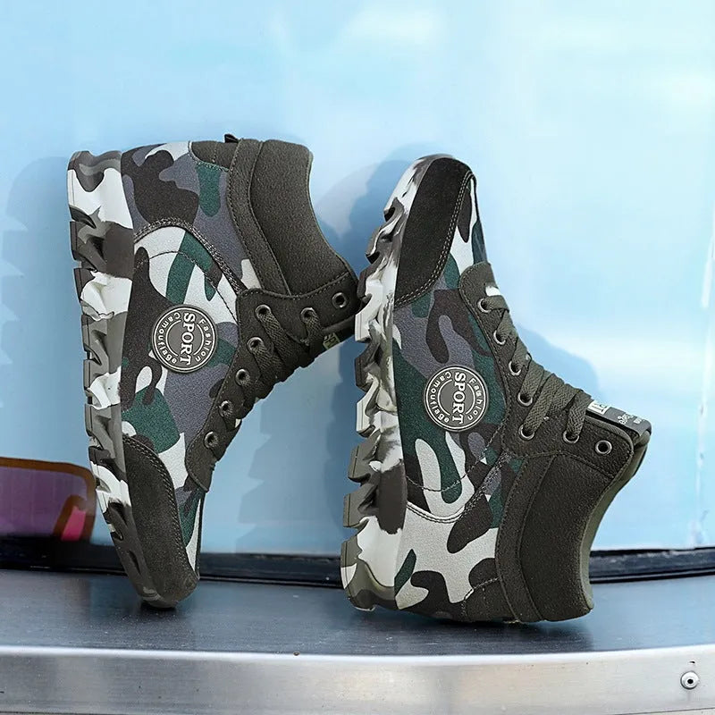 Women's green camouflage canvas sneakers with rubber soles showing slip-on casual style