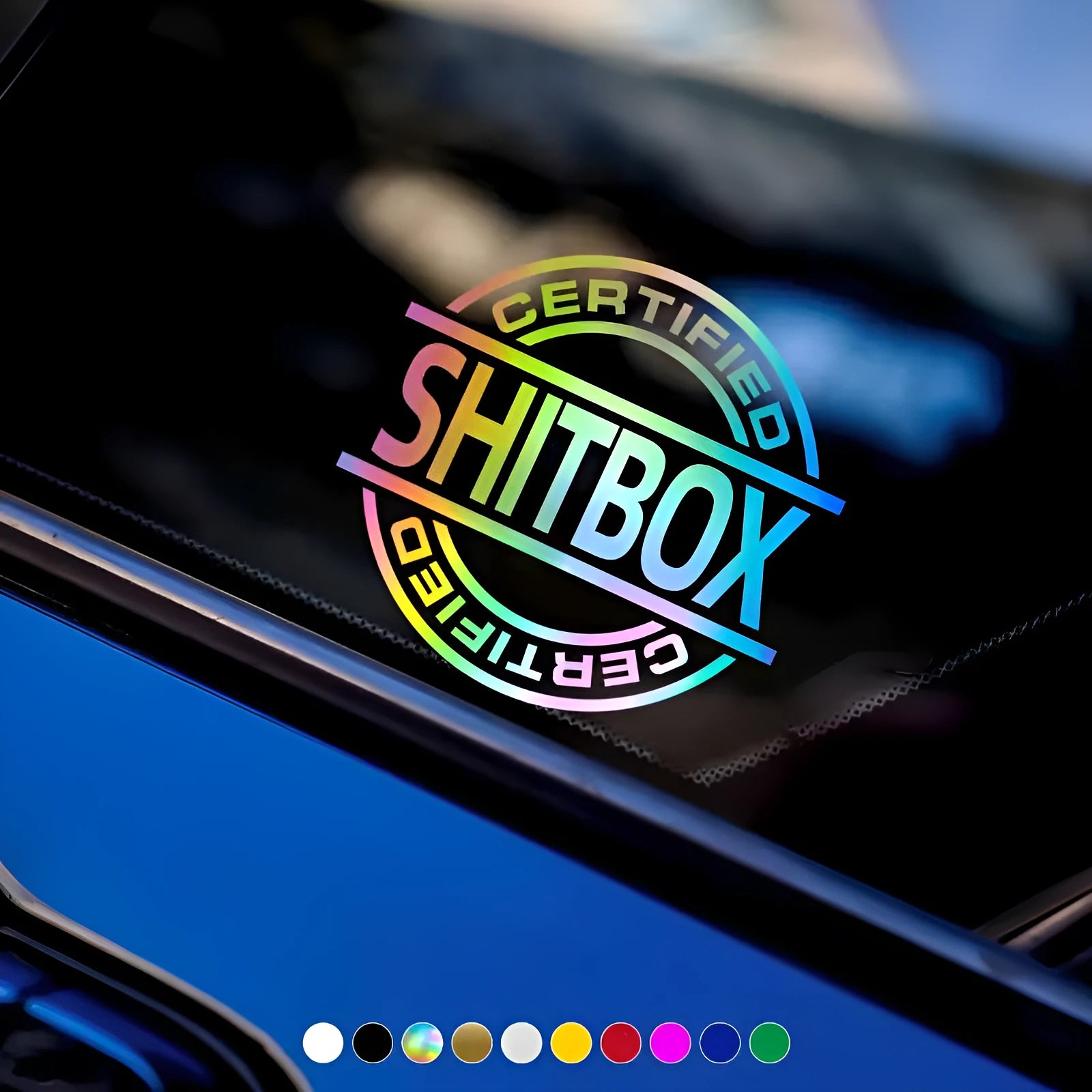 13x12cm vinyl car sticker showing colour options including glitter finish on vehicle door