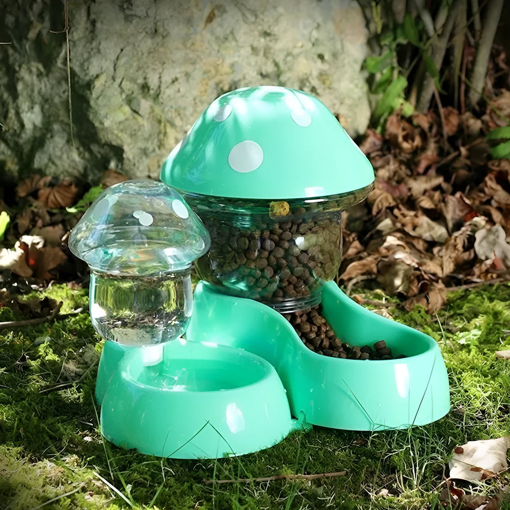 Blue mushroom pet bowl feeder and water fountain for cats and dogs made from food-grade PP material