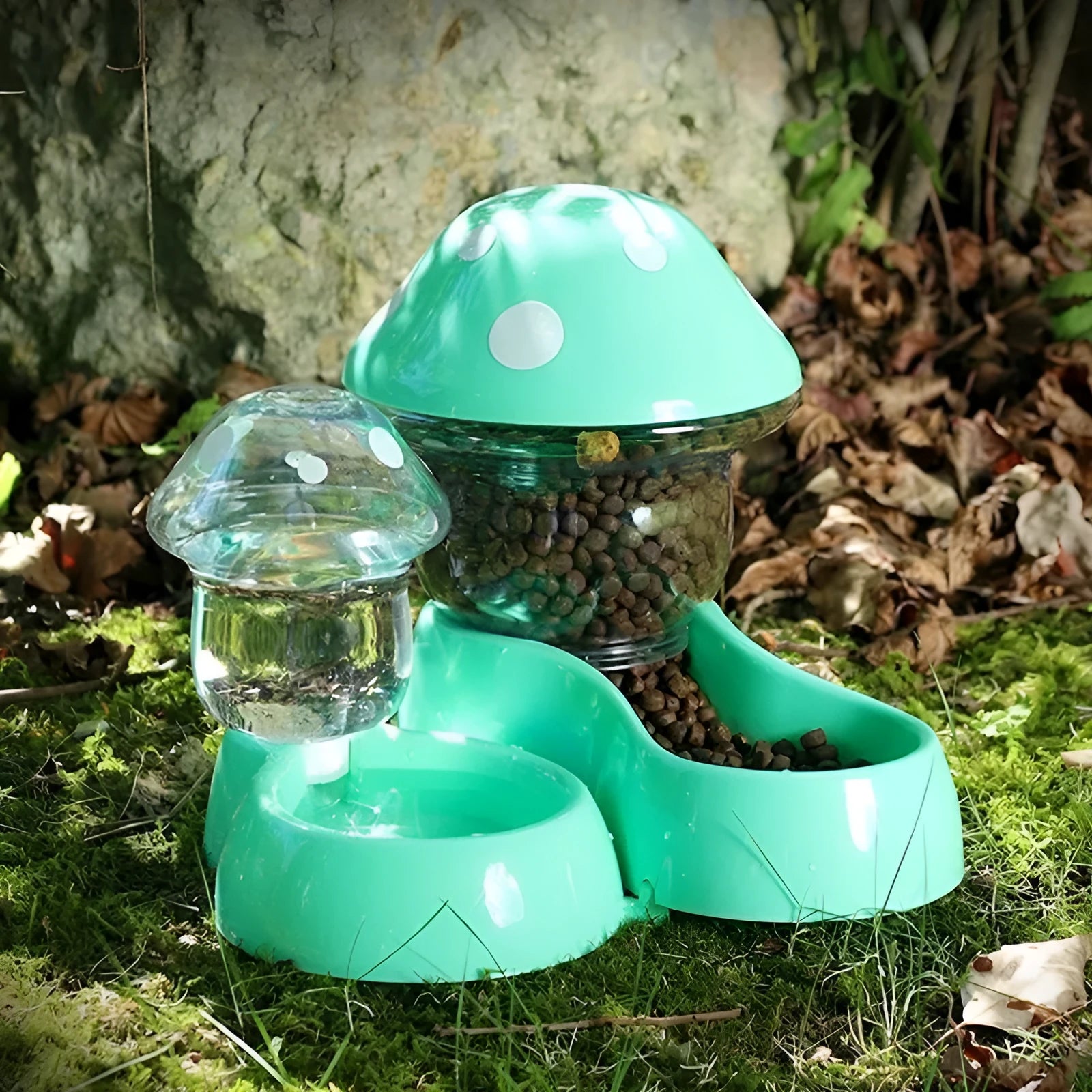 Blue mushroom pet bowl feeder and water fountain for cats and dogs made from food-grade PP material