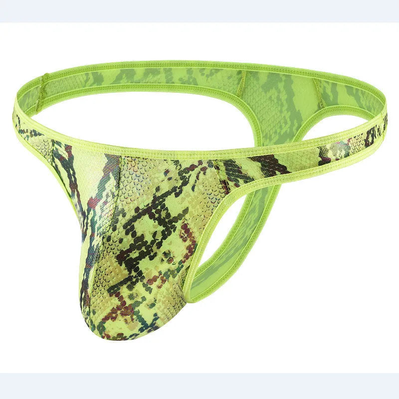 Men's green camouflage snake print thong underpants with low waist T-back design on white background