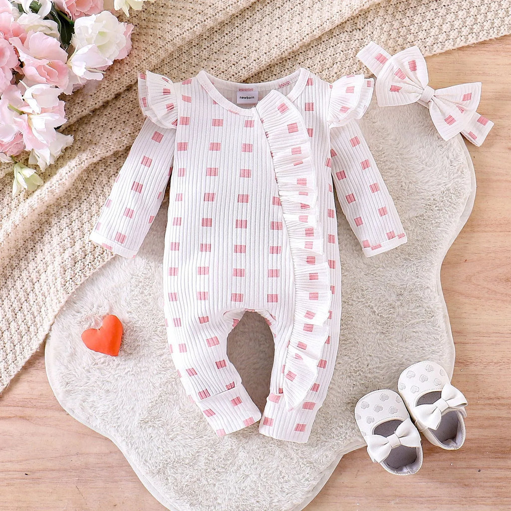 Cotton baby girl romper long-sleeved plaid jumpsuit in pink for spring autumn