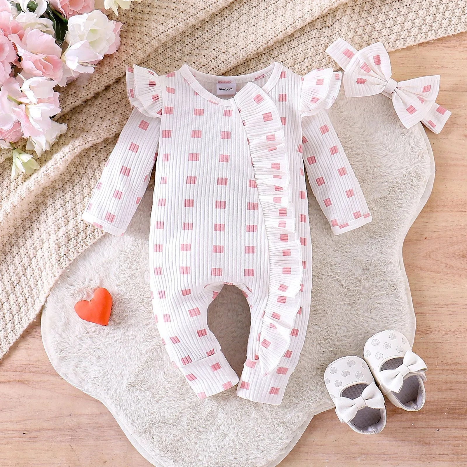 Cotton baby girl romper long-sleeved plaid jumpsuit in pink for spring autumn