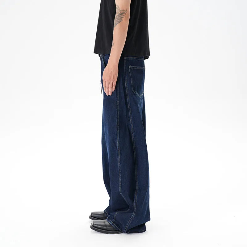 Washed distressed dark blue wide leg women's jeans with loose fit and denim fabric