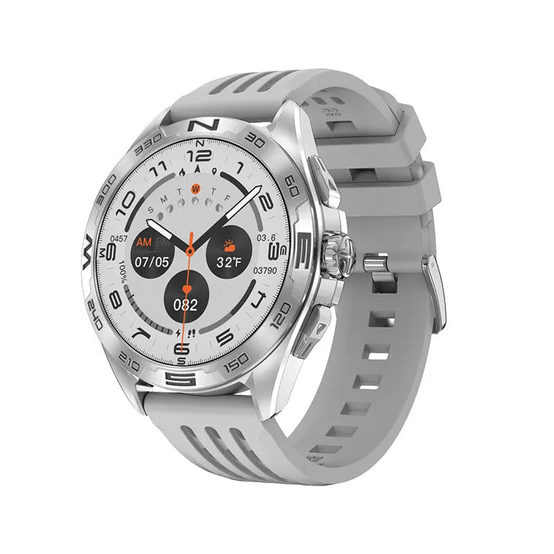 Black smart watch with touchscreen displaying health metrics, for men with WhatsApp reply and NFC.