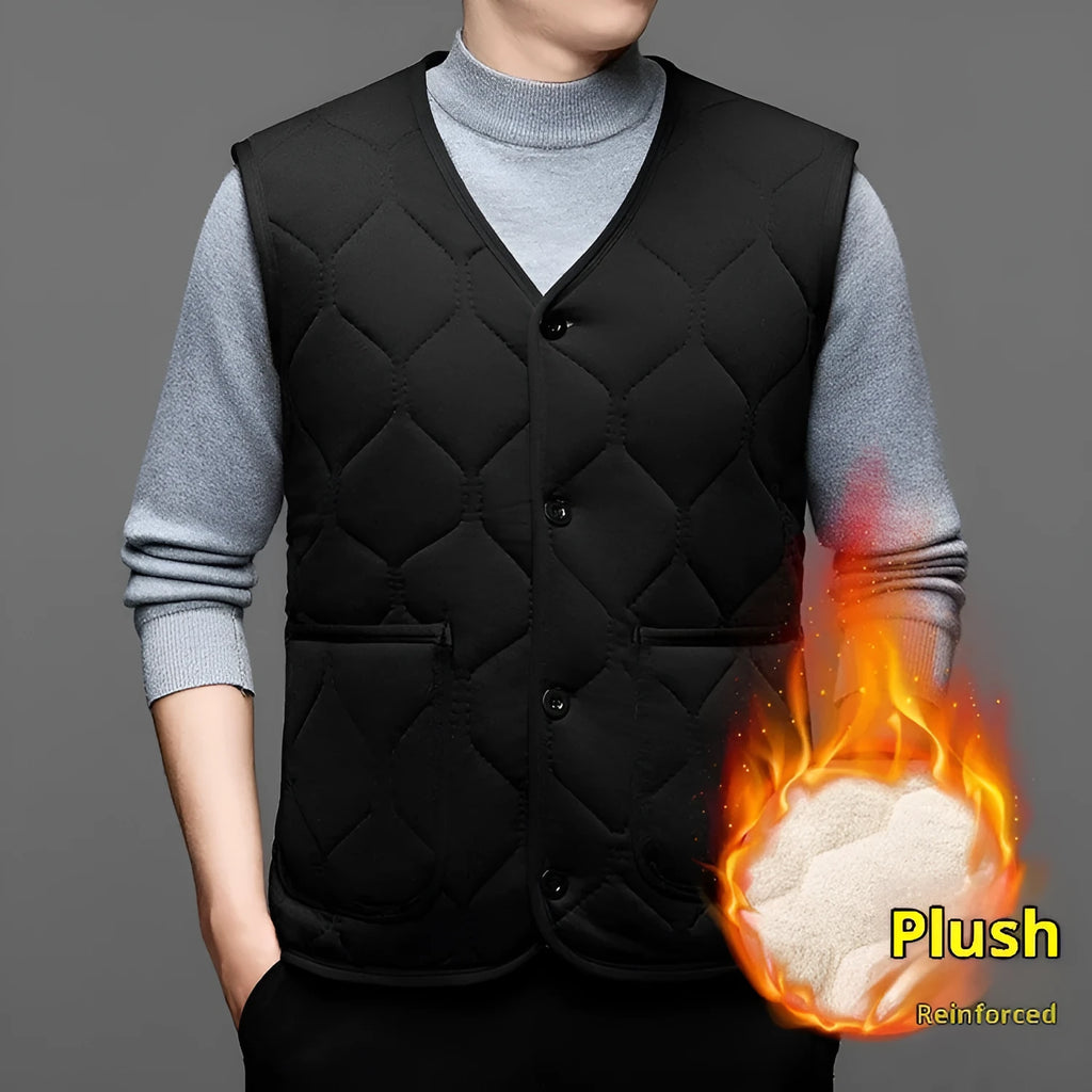 Men's fleece-lined cotton blend vest in black or grey, sleeveless cardigan style, sizes M to 4XL