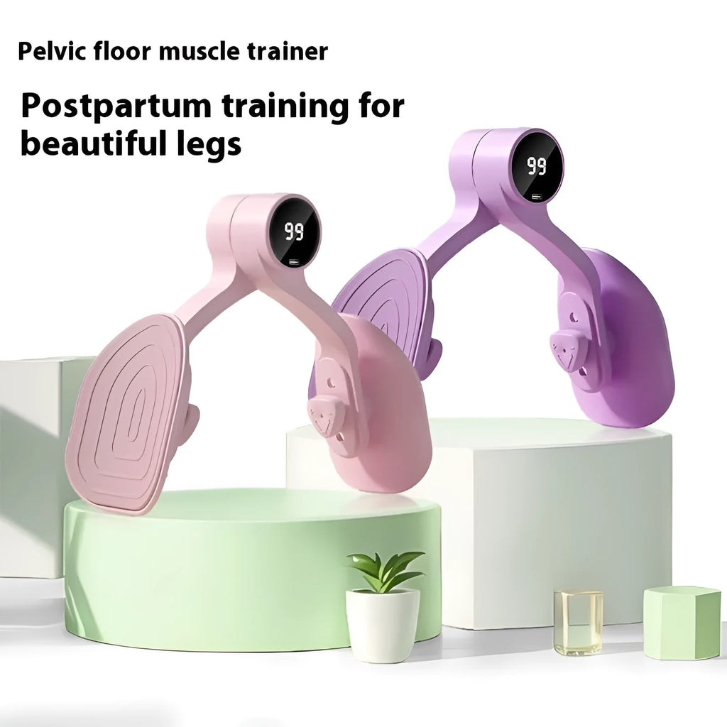 Pink and purple pelvic floor muscle trainer with rubber-coated surface and three resistance settings