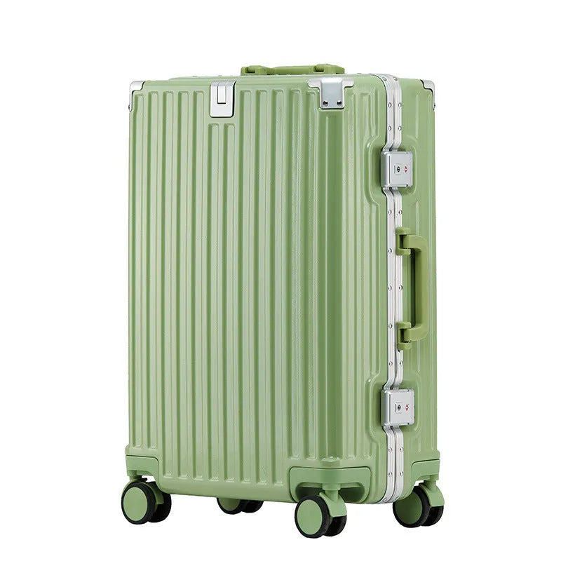 Aluminium frame hard shell ABS PC suitcase in avocado green with universal wheels.