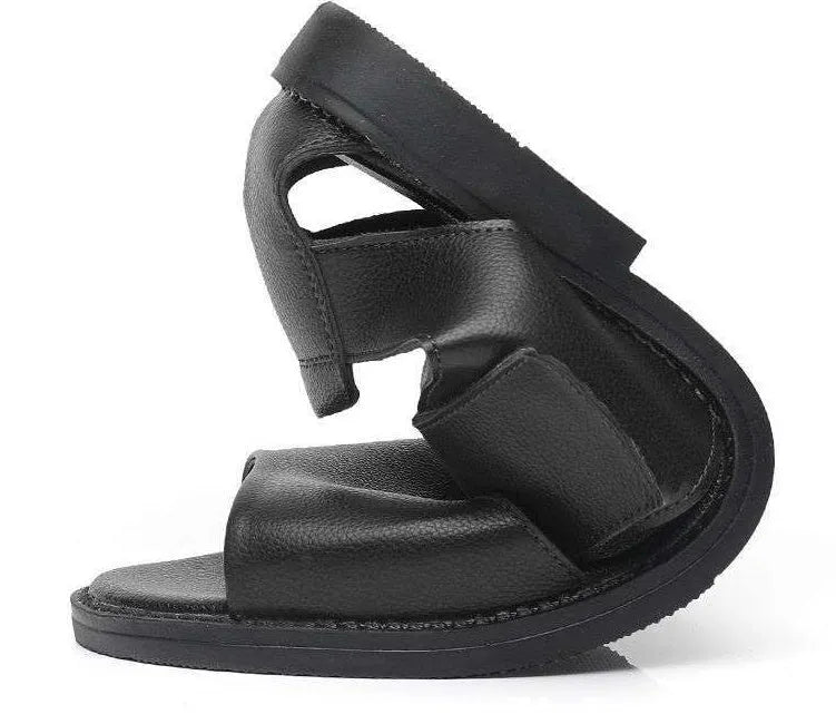 Men's black leather Roman sandals with open toe design and rubber sole