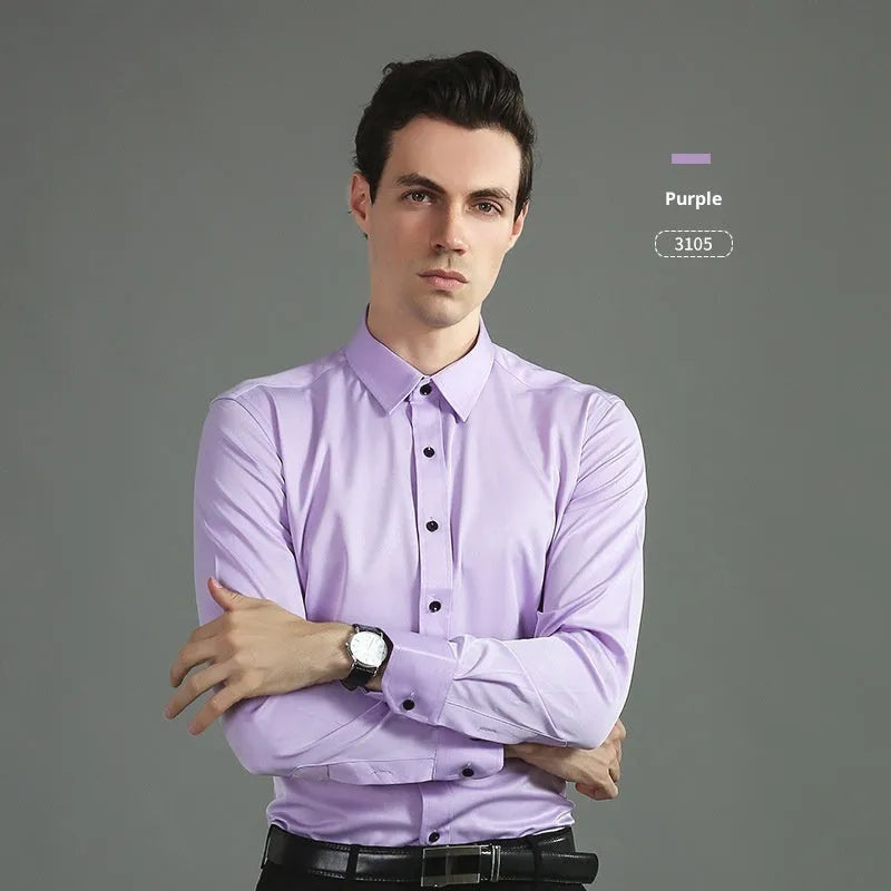 Casual four-way stretch long sleeve shirt in solid colour, slim fit cardigan style for weddings and business, polyester fibre blend