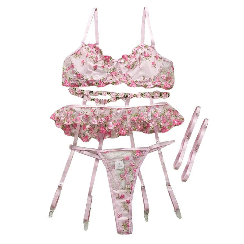 Women's pink polyester bikini set with hollow out lace detail, three-point style, sizes S-XL