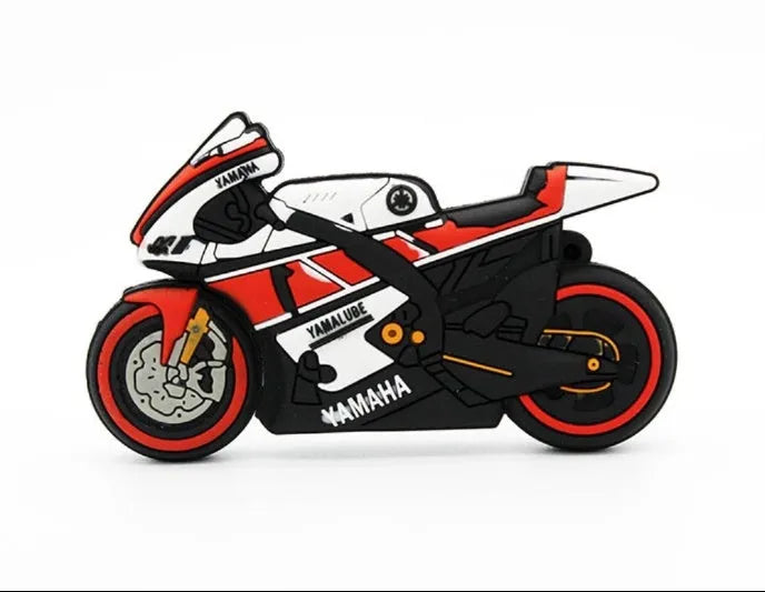 Cartoon motorcycle USB drive with red and white wristband, front view showing design and USB connector