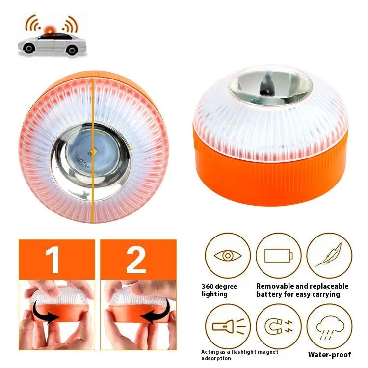 V16 LED emergency warning light with rotating dome and magnetic base on vehicle dashboard