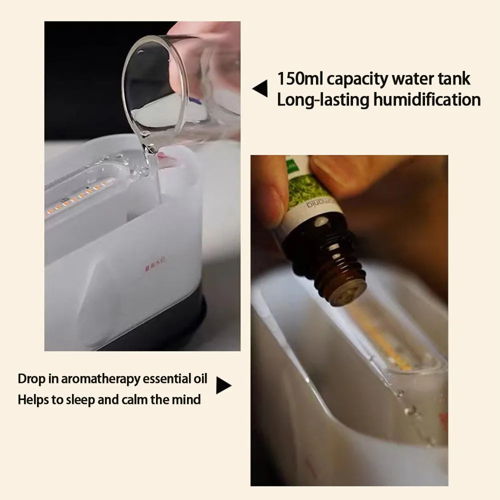 Bluetooth remote control flame humidifier aromatherapy machine with LED light in three colour options.