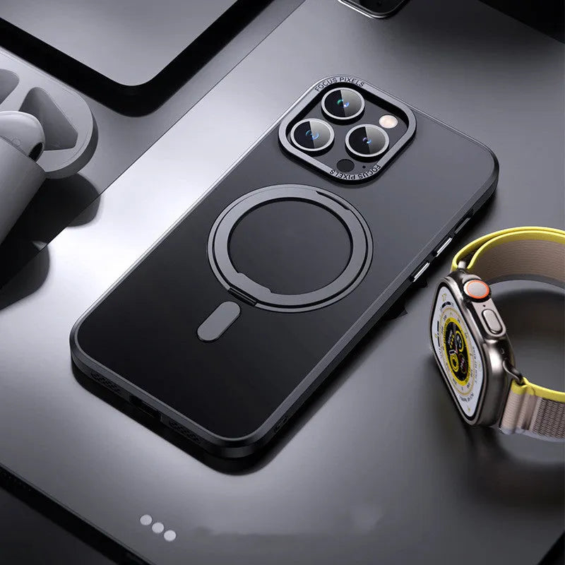 Transparent magnetic iPhone protective case with integrated folding bracket in black, clear, and purple colour options