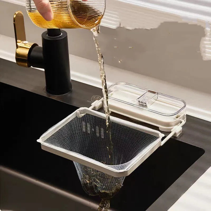 Dark green gold kitchen sink filter rack with suction cups and disposable screens for food scrap collection