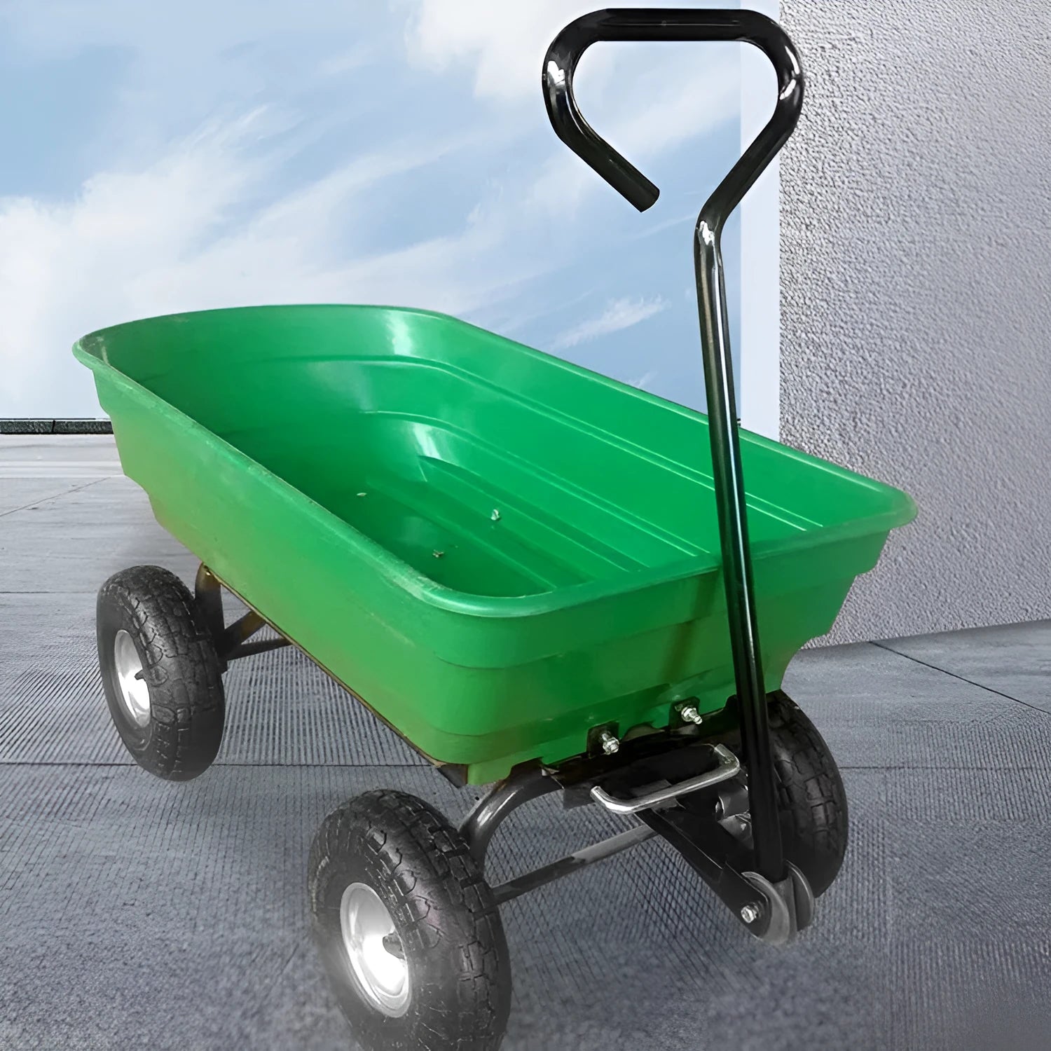 Green four-wheel plastic dumptruck with steel PP construction and 350kg load capacity