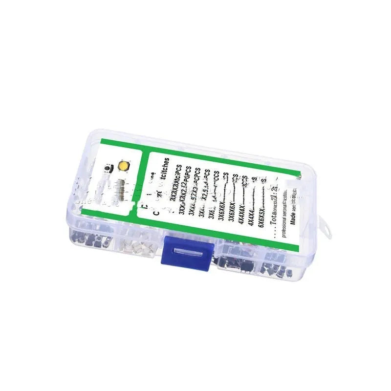 250 SMT touch switch buttons in organised box for industrial electronics assembly