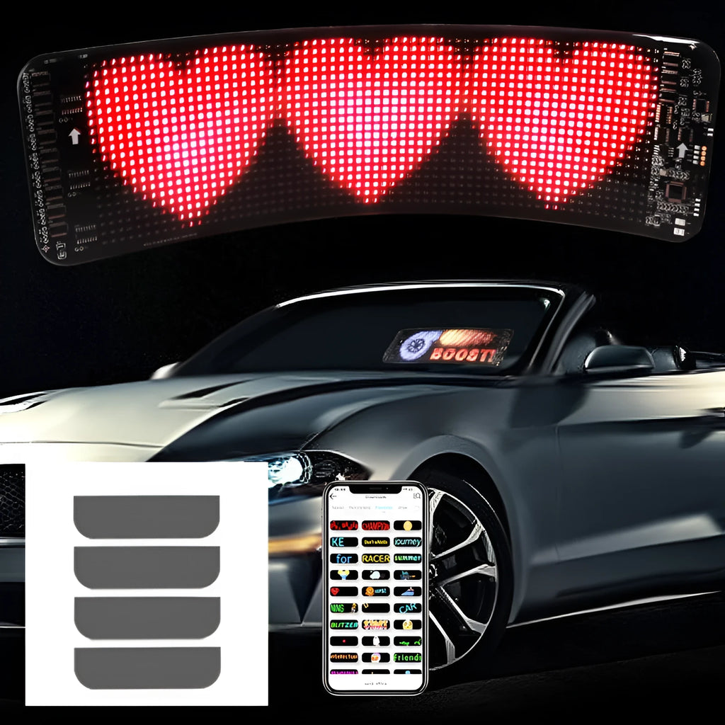 Black flexible LED screen for adhesive mounting on a car rear windscreen, showing a coloured message display.