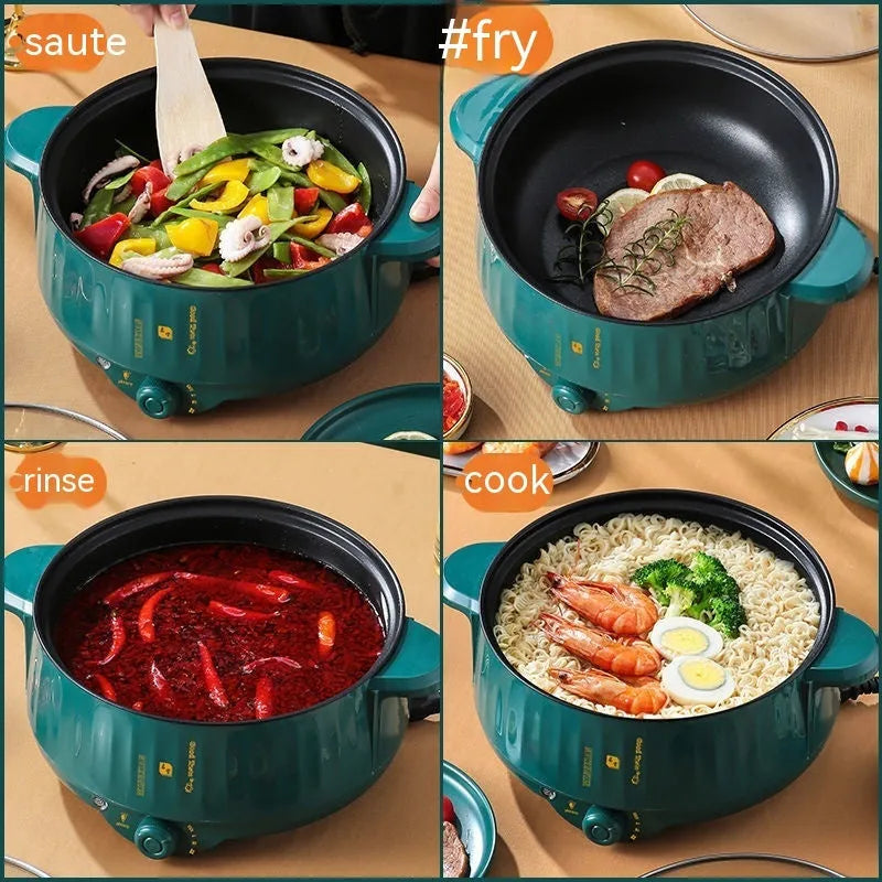 White electric hot pot with non-stick coating and stainless steel construction showing cooking functions