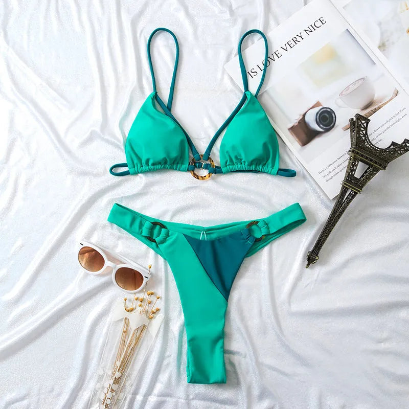 Solid colour double-layer polyester split swimsuit with built-in chest pad in green