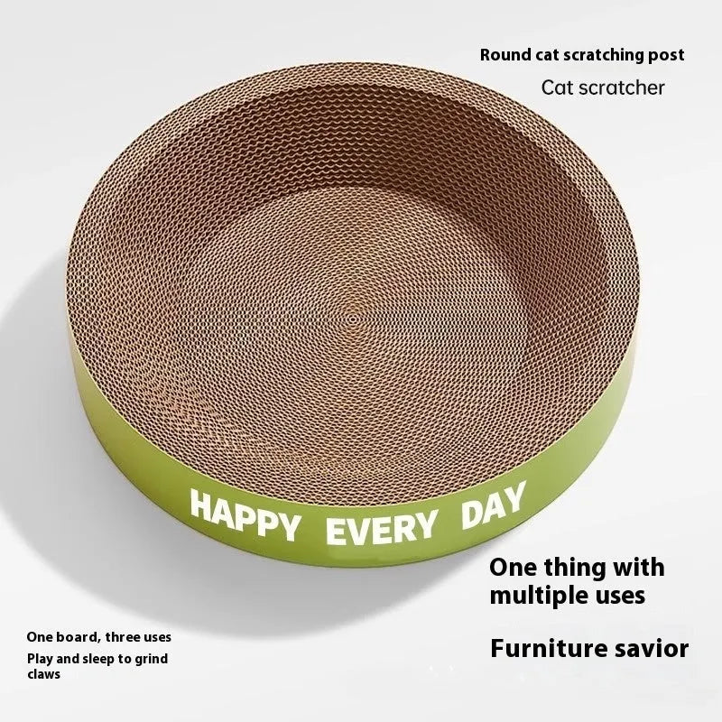 A simple green round cat nest with an integrated scratching surface, shown in 50cm and 55cm size options.