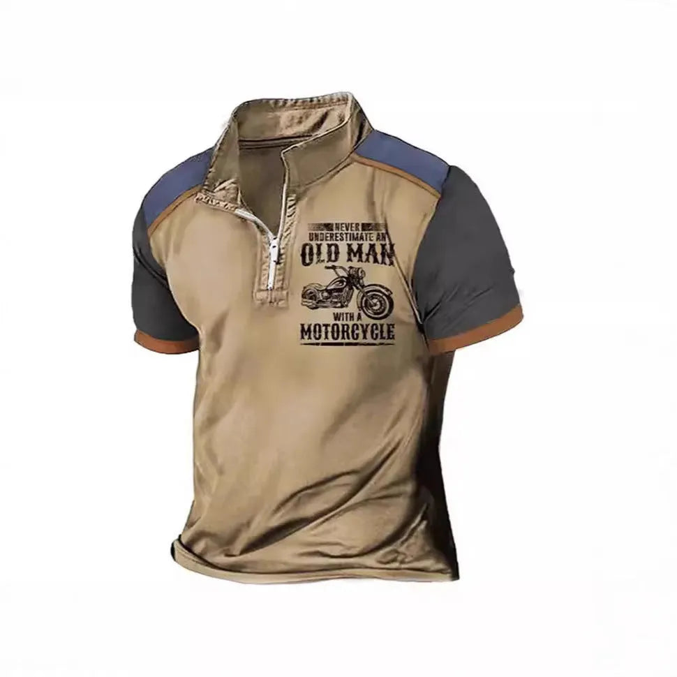 Men's casual lapel polo shirt with digital letter print on short sleeves.