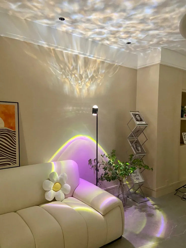 Modern floor lamp projecting water wave light patterns with sunset red or rainbow colour options