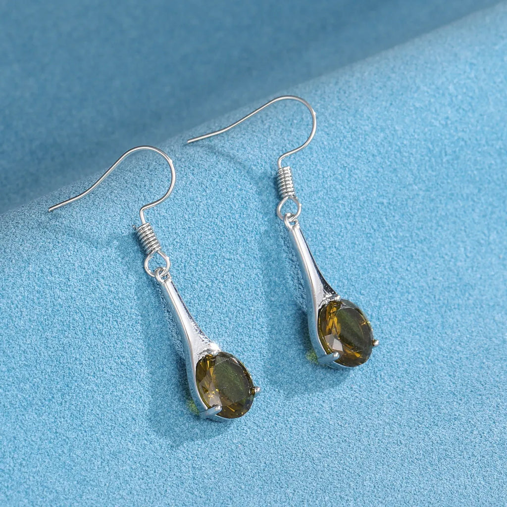 Olive green drop-shaped earrings with retro minimalist design and electroplated alloy construction