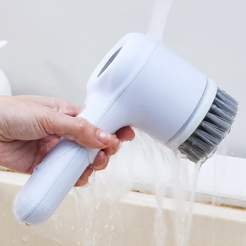 USB electric cleaning brush in light grey or purple colour with interchangeable cleaning heads
