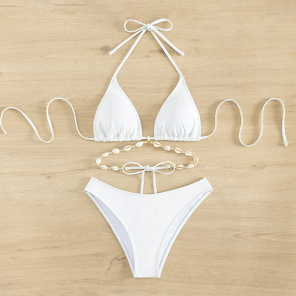 Women's solid colour halter lace-up bikini swimsuit in black or white options