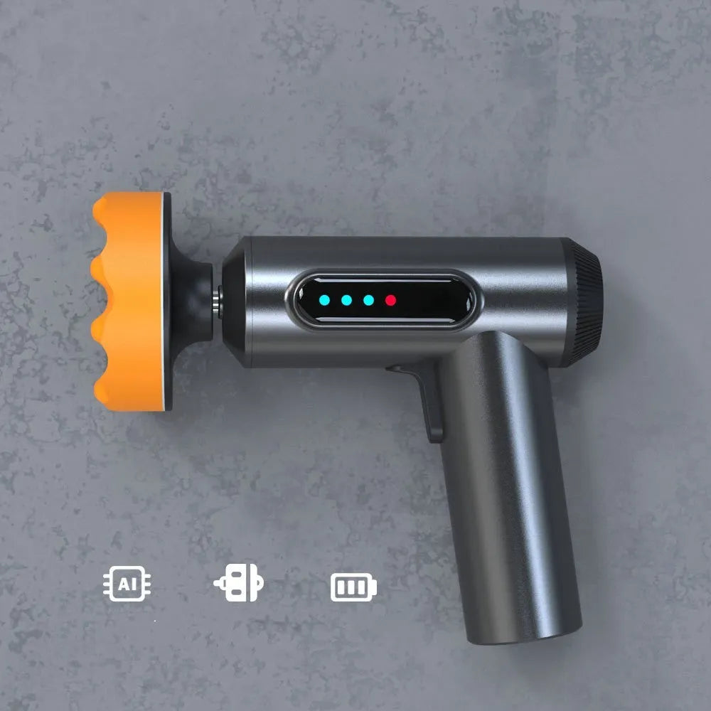 Wireless electric waxing and polishing machine with orange housing and a white polishing disc.