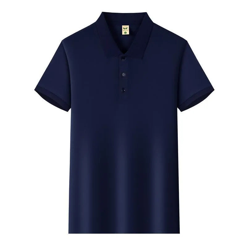 Men's short sleeve Ice Silk lapel business shirt in multiple colours on a hanger, showing slit style detail.