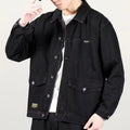 Men's loose fit denim jacket with cotton lining in blue, black, or grey, sizes M to 5XL.