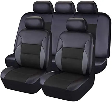 Set of artificial leather car seat covers in various colours showing headrest and seat pieces with hooks.