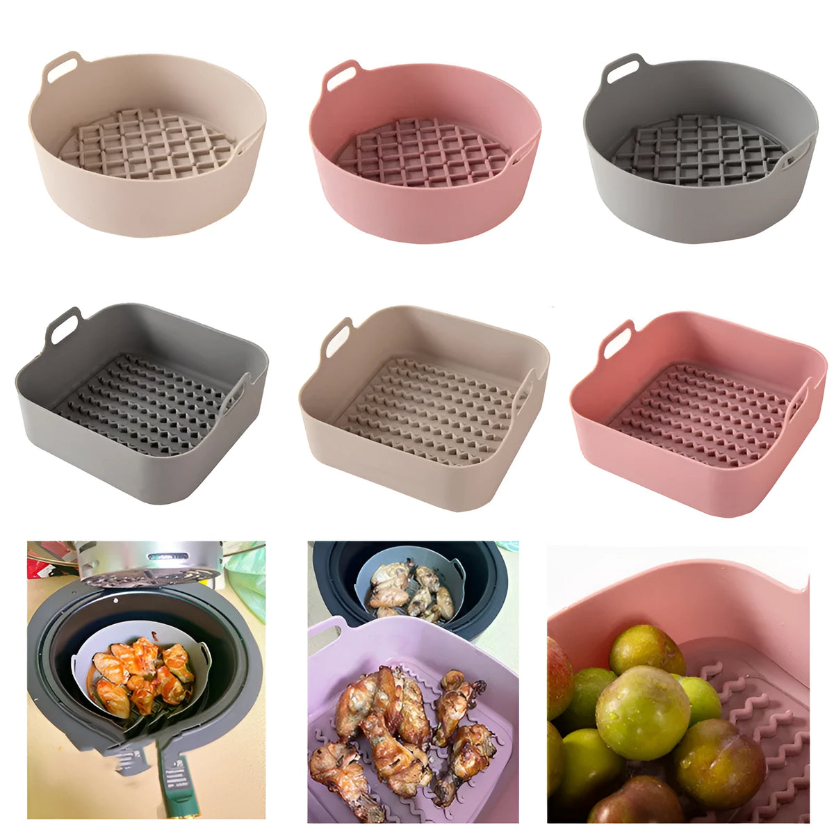 Round pink silicone air fryer liner 19cm with hand clip nonstick reusable
