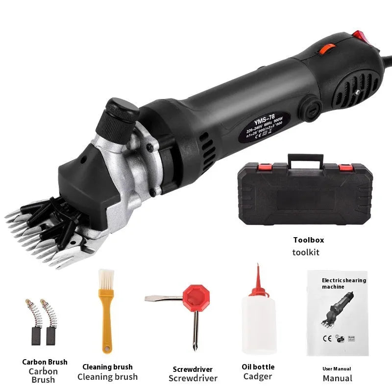 Yellow electric wool shears with 110V plug and multiple blade sets including straight and curved knives