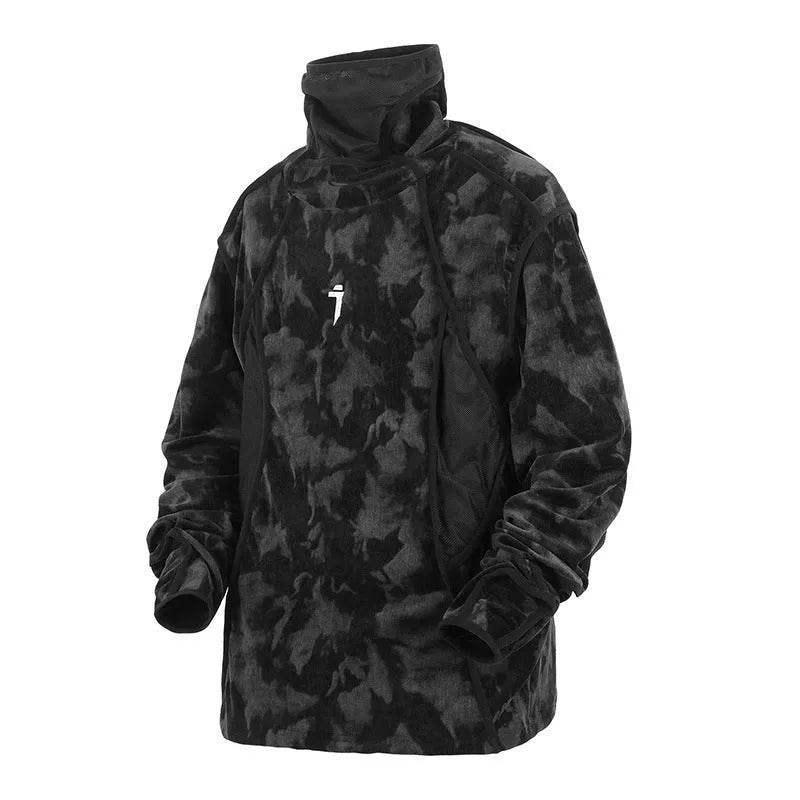 Men's black and grey tie-dye printed pullover sweater with drop-shoulder sleeves and loose casual fit